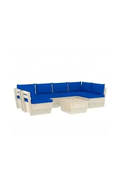 VIDAXL 3063598 Conjunto de sofás con cojines y mesa de jardín palets con acabado natural y azul de vidaXL