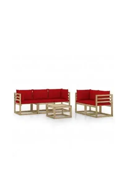 VIDAXL 3065125 Juego de muebles de jardín 6 piezas de madera de pino con cojines color rojo de vidaXL
