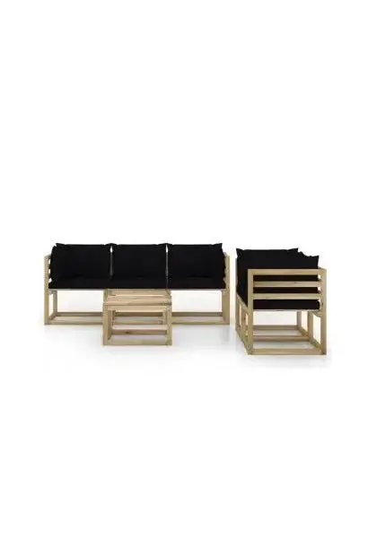 VIDAXL 3065155 Conjunto de muebles de pino para exterior de 6 piezas con cojines color negro de vidaXL