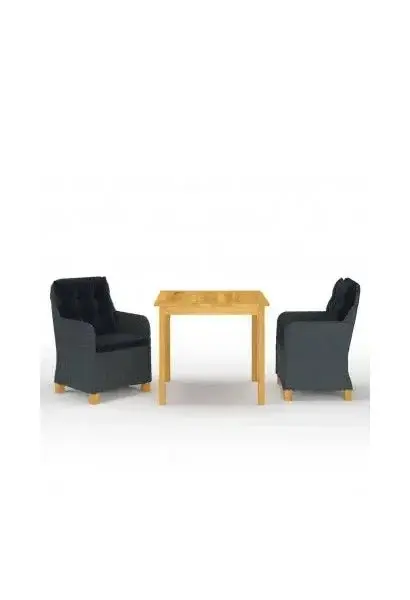 VIDAXL 3067754 Conjunto de comedor para jardín de 3 piezas de ratán gris oscuro con mesa de madera y cojines Negros de vidaXL