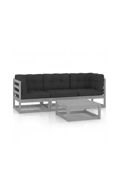 VIDAXL 3076376 Conjunto de sillones y mesa de jardín de TRES plazas con cojines de madera maciza de pino gris de vidaXL