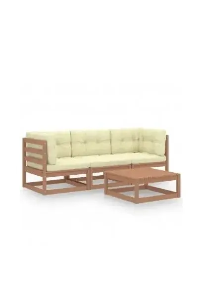 VIDAXL 3076377 Conjunto de sillones y mesa de jardín de TRES plazas con cojines de madera maciza de pino crema y marrón miel de vidaXL
