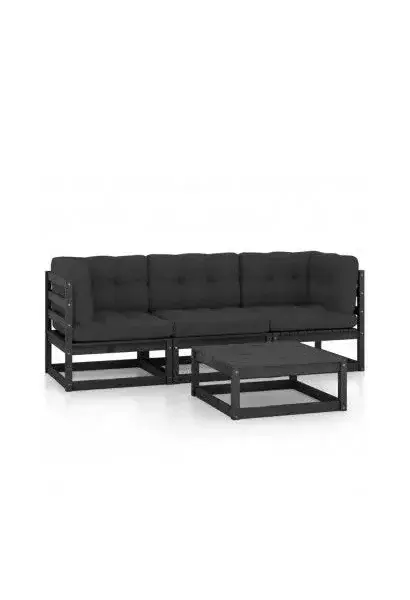 VIDAXL 3076378 Conjunto de muebles de jardín de 4 piezas de madera de pino maciza Negra y cojines gris antracita de vidaXL