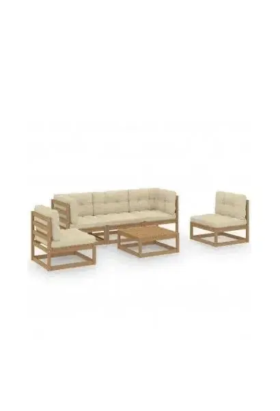 VIDAXL 3076447 Conjunto de jardín de 6 piezas de mesa con sofás de pino marrón miel y cojines crema de vidaXL