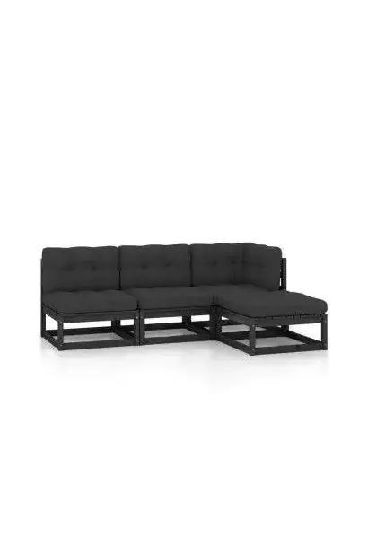 VIDAXL 3076538 Juego de muebles para jardín de 4 piezas con cojines fabricado en madera de pino maciza en color negro y gris de vidaXL