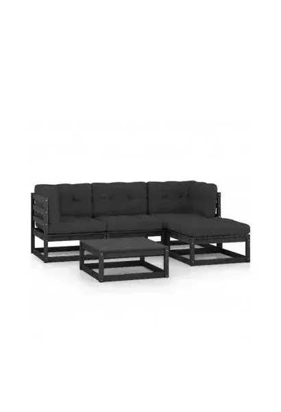 VIDAXL 3076583 Conjunto negro de muebles para jardín de madera de pino macizo con cojines color gris antracita de vidaXL