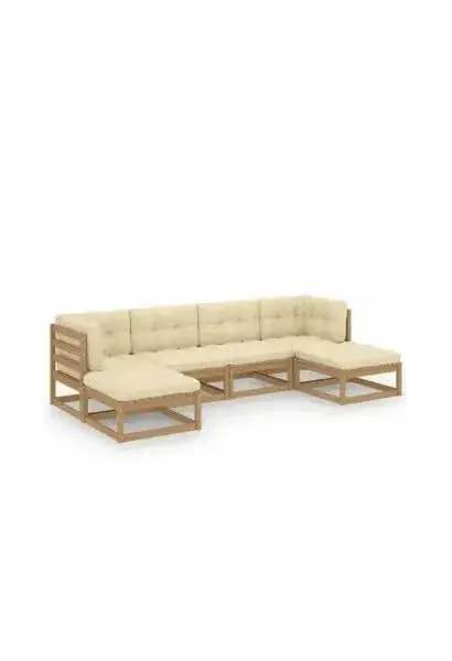 VIDAXL 3077117 Conjunto de jardín de 6 piezas de sofás con reposapiés de pino marrón miel y cojines crema de vidaXL