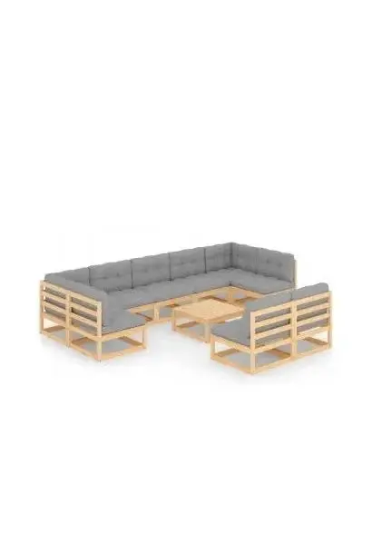 VIDAXL 3077219 Conjunto muebles de jardín 10 piezas de madera con cojines en acabado natural y gris de vidaXL