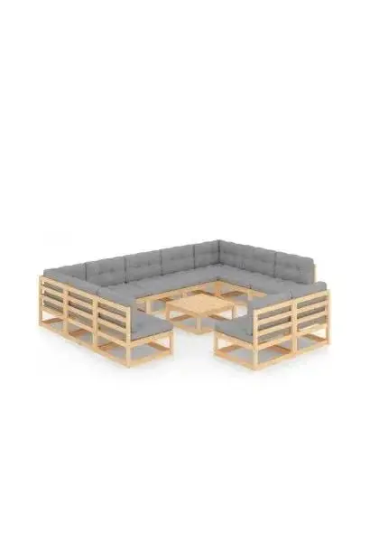 VIDAXL 3077229 Conjunto de muebles de jardín 12 piezas de madera con cojines en acabado natural y gris de vidaXL