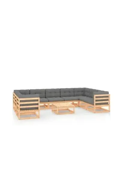 VIDAXL 3078144 Conjunto de jardín con 9 sofás de madera con cojines y una mesa color natural y gris de vidaXL