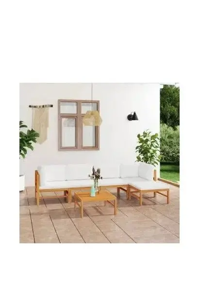 VIDAXL 3087202 Conjunto de sofás con mesa para jardín de 6 piezas en madera de teca y cojines blanco crema de vidaXL