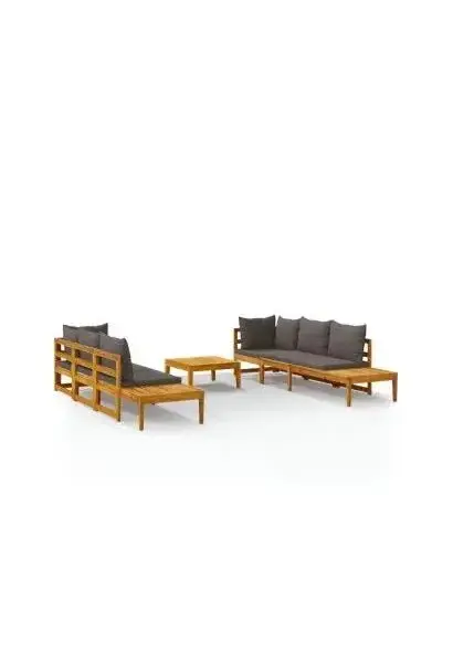 VIDAXL 3087275 Conjunto de muebles de exterior en madera de acacia con 1 mesa 2 bancos y 2 sofás de esquina con cojines Grises de vidaXL