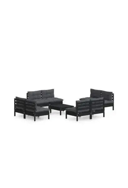 VIDAXL 3096050 Juego de sofás para jardín de 9 piezas fabricados en madera de pino y tela poliéster color negro y gris de vidaXL