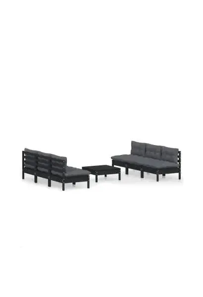 VIDAXL 3096098 Juego de muebles para jardín de 7 piezas con cojines color gris hecho de madera de pino color negro de vidaXL