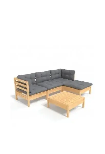 VIDAXL 3096351 Conjunto de jardín de 5 piezas de mesa con sofás y reposapiés de pino marrón con cojines color gris de vidaXL