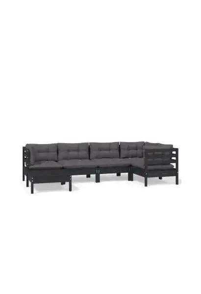 VIDAXL 3096542 Juego de sofás para jardín de 6 piezas con cojines hecho en madera color negro y gris oscuro de vidaXL
