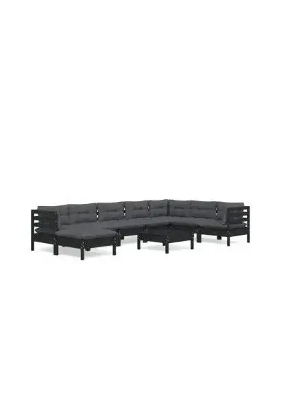 VIDAXL 3096669 Juego de muebles para jardín de 9 piezas con cojines hecho en madera color negro y gris oscuro de vidaXL