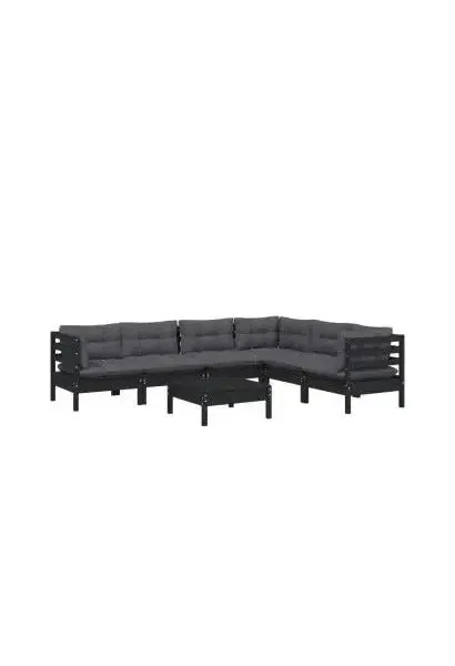 VIDAXL 3096693 Juego de sillones para jardín de 7 piezas con taburete hecho en madera color negro y cojines color gris oscuro de vidaXL
