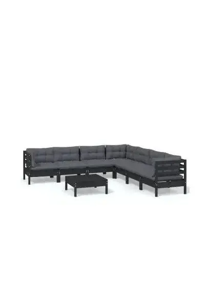 VIDAXL 3096801 Juego de muebles para jardín 8 piezas con cojines y mesa hecho en madera color negro y gris oscuro de vidaXL