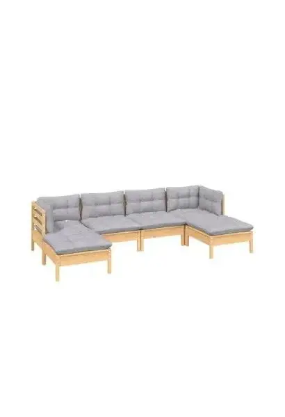VIDAXL 3097078 Set de sillones para jardín de 6 piezas hecho en madera con reposapiés color madera natural y cojines color gris de vidaXL