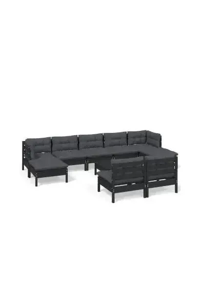VIDAXL 3097113 Set mobiliario para jardín de 10 piezas hecho en madera con mesa color negro y cojines color gris oscuro de vidaXL
