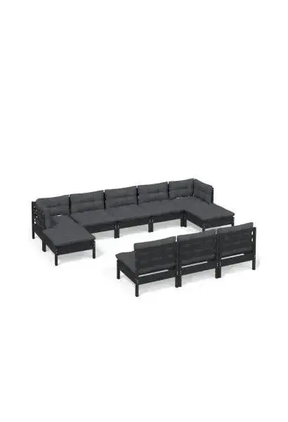 VIDAXL 3097119 Set de sillones para jardín de 10 piezas hecho en madera con reposapiés color negro y cojines color gris oscuro de vidaXL