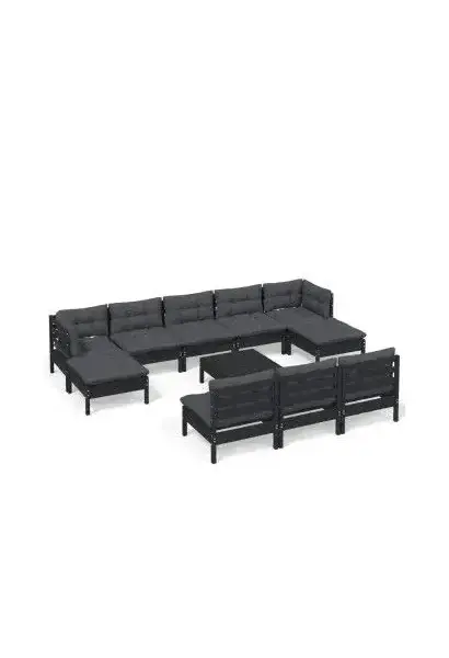 VIDAXL 3097125 Set mobiliario para jardín de 11 piezas hecho en madera con mesa color negro y cojines color gris oscuro de vidaXL