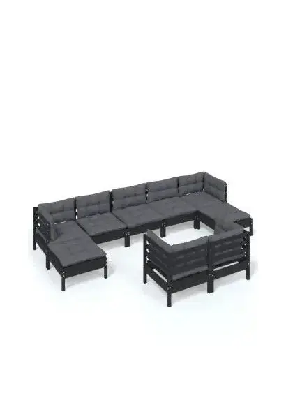 VIDAXL 3097131 Set mobiliario para jardín de 9 piezas hecho en madera con reposapiés color negro y cojines color gris oscuro de vidaXL