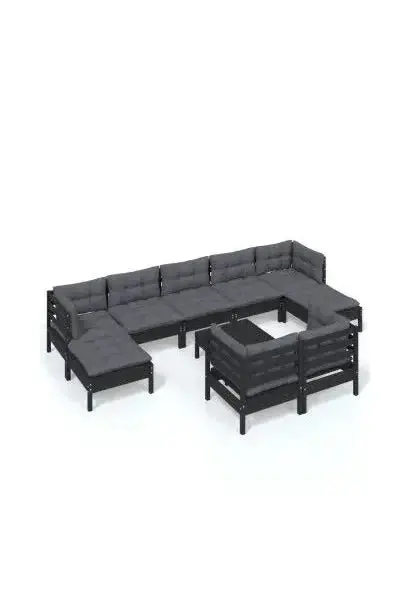 VIDAXL 3097137 Set mobiliario para jardín de 10 piezas hecho en madera con taburete color negro y cojines color gris oscuro de vidaXL