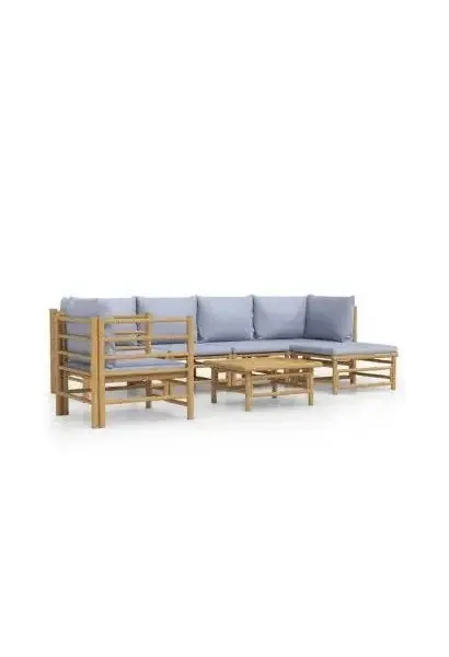 VIDAXL 3155085 Juego de sofás y silla con mesa para jardín de 7 piezas fabricadas en bambú con cojines de color gris claro de vidaXL