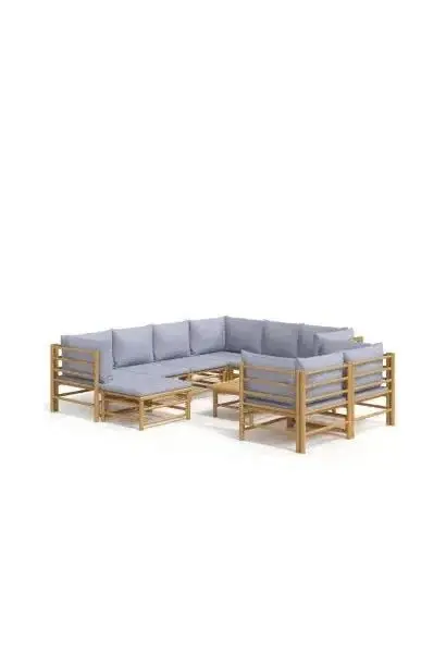 VIDAXL 3155096 Set de sofás y mesa para jardín de 10 piezas fabricado en bambú con cojines de color gris claro de vidaXL