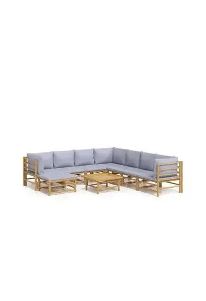 VIDAXL 3155100 Set de sofás y mesa para jardín de 9 piezas fabricado en bambú con cojines de color gris claro de vidaXL