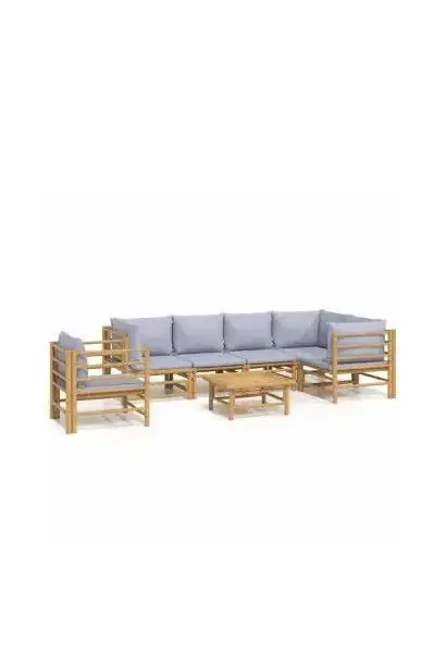 VIDAXL 3155109 Juego de sofás y mesa para jardín de 7 piezas fabricado en bambú con cojines de color gris claro de vidaXL