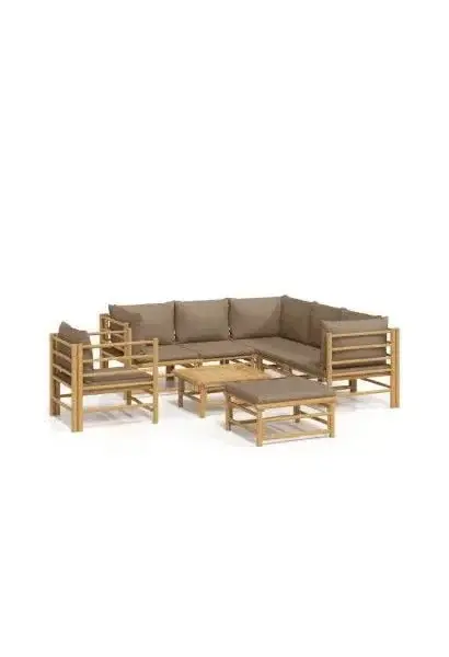 VIDAXL 3155126 Set de sofás y silla con mesa para jardín de 8 piezas fabricado en bambú con cojines de color gris topo de vidaXL