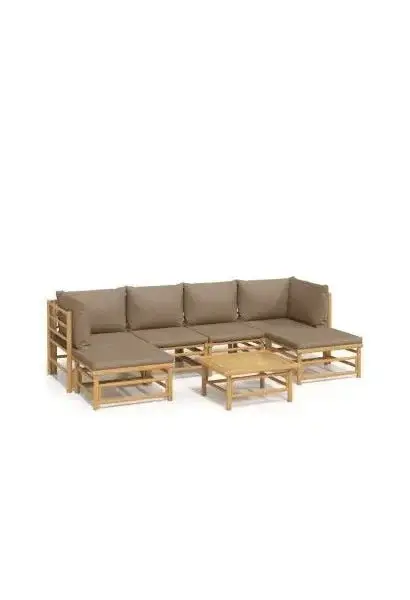 VIDAXL 3155133 Juego de sofás con mesa y reposapiés para jardín de 7 piezas fabricado en bambú con cojines de color gris topo de vidaXL