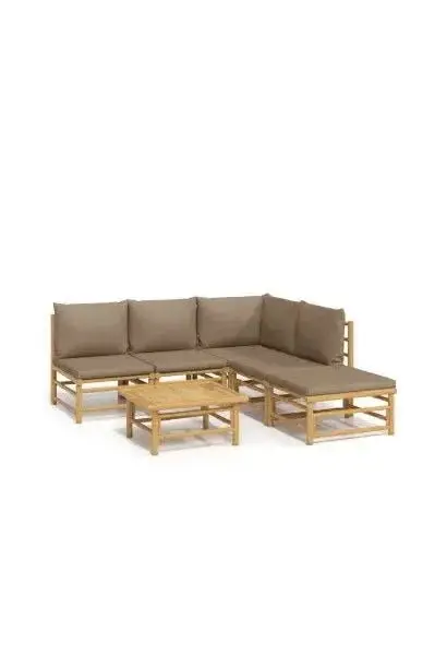 VIDAXL 3155135 Set de sofás con mesa y reposapiés para jardín de 6 piezas fabricado en bambú con cojines de color gris topo de vidaXL