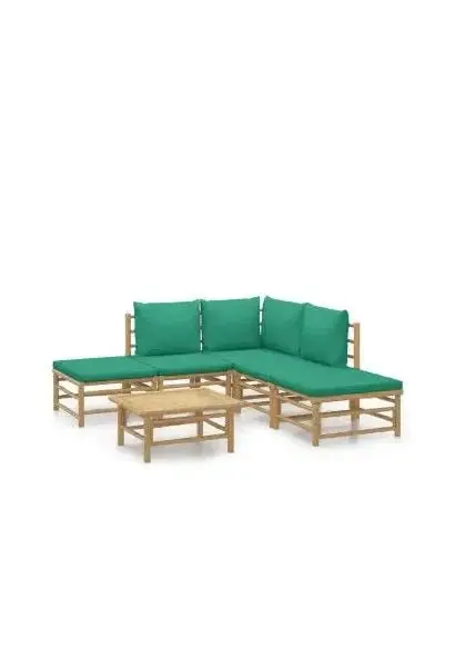 VIDAXL 3155143 Set de sofás con reposapiés para jardín de 7 piezas fabricado en bambú con cojines de color verde de vidaXL