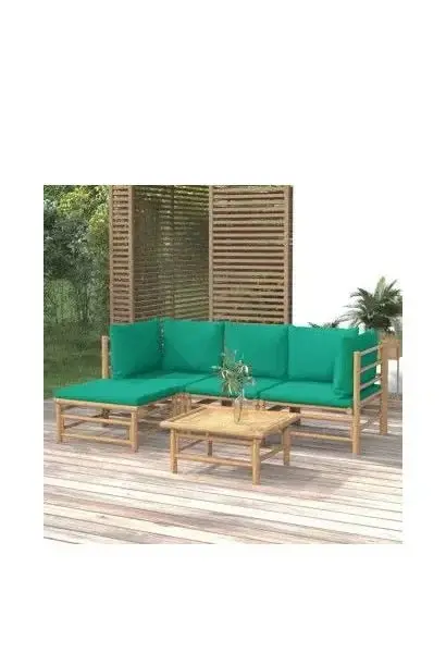 VIDAXL 3155146 Set de sofás con reposapiés para jardín de 5 piezas fabricado en bambú con cojines de color verde de vidaXL