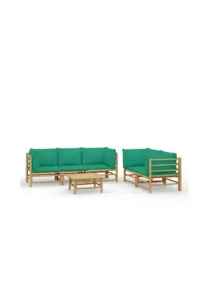 VIDAXL 3155154 Set de sofá central y esquineros para jardín 6 piezas hecho en bambú con cojines de color verde de vidaXL