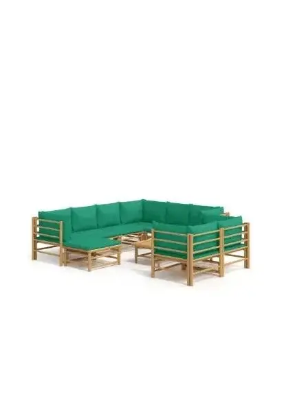 VIDAXL 3155160 Set de sofás y reposapiés para jardín de 10 piezas fabricado en bambú con cojines de color verde de vidaXL