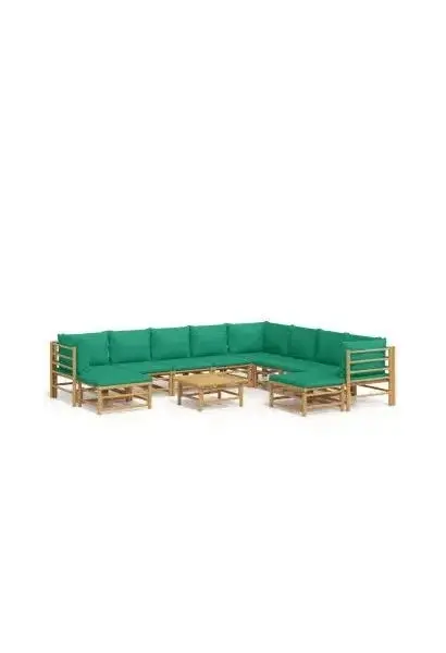 VIDAXL 3155161 Set de sofás y reposapiés para jardín de 11 piezas fabricado en bambú con cojines de color verde de vidaXL