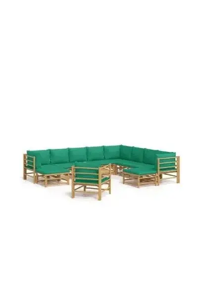 VIDAXL 3155162 Set de sofás con silla y reposapiés para jardín de 12 piezas fabricado en bambú con cojines de color verde de vidaXL