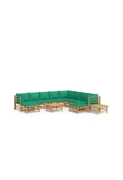 VIDAXL 3155163 Set de sofás y reposapiés para jardín de 12 piezas fabricado en bambú con cojines de color verde de vidaXL