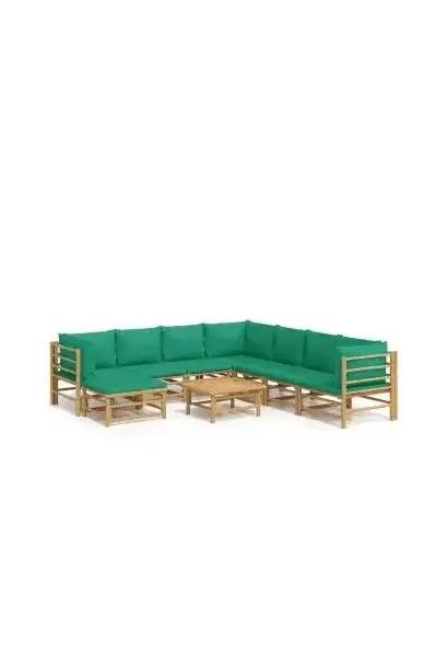 VIDAXL 3155164 Set de sofás y reposapiés para jardín de 9 piezas fabricado en bambú con cojines de color verde de vidaXL