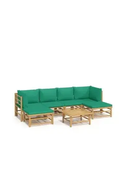 VIDAXL 3155165 Set de sofás y reposapiés para jardín de 7 piezas fabricado en bambú con cojines de color verde de vidaXL
