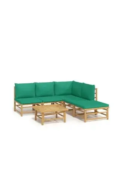 VIDAXL 3155167 Set de jardín con sofás y reposapiés de 7 piezas fabricado en bambú con cojines de color verde de vidaXL