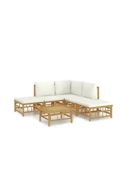 VIDAXL 3155175 Set de sofá y reposapiés para jardín de 6 piezas fabricado en bambú con cojines de color blanco de vidaXL