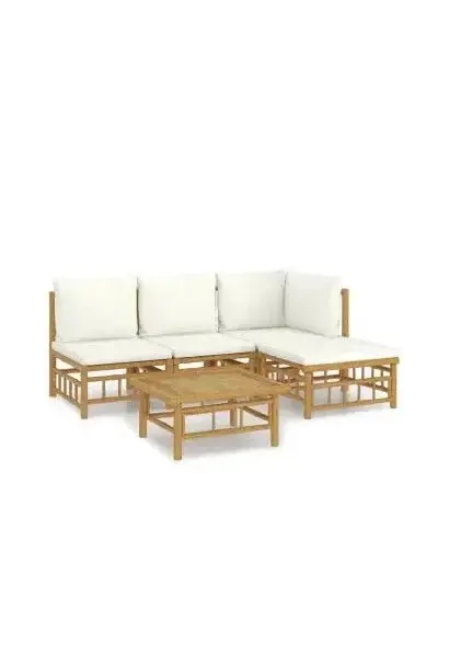 VIDAXL 3155177 Set de sofás para jardín de 5 piezas fabricado en bambú con cojines de color blanco de vidaXL
