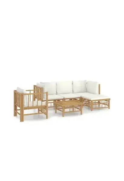 VIDAXL 3155179 Set de sofás con reposapiés y silla para jardín de 5 piezas fabricado en bambú con cojines de color blanco de vidaXL