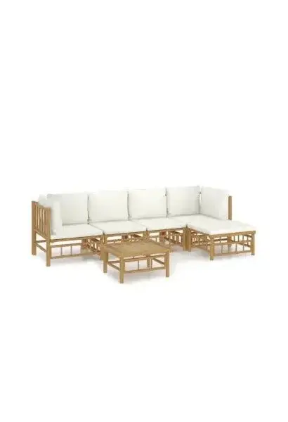 VIDAXL 3155180 Set de sofás y reposapiés para jardín de 6 piezas fabricado en bambú con cojines de color blanco de vidaXL